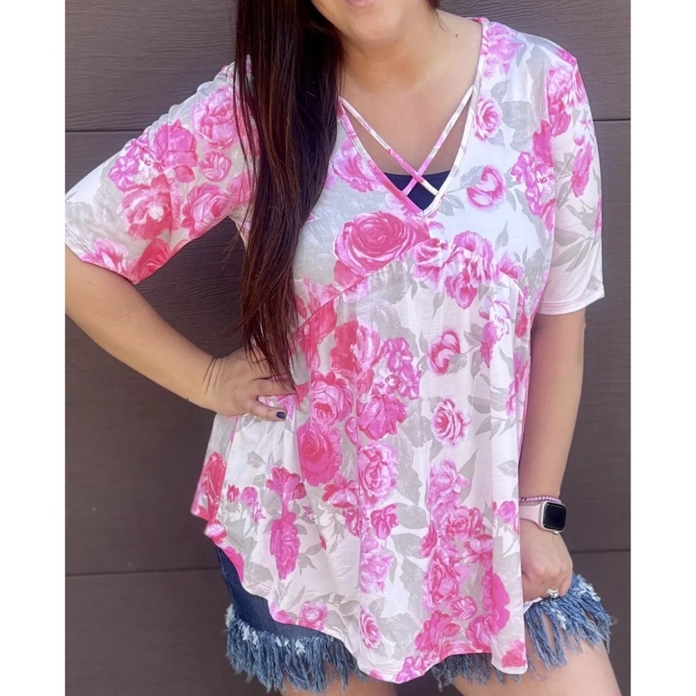 Heimish Short Sleeve Pink Floral Empire Waist Top with Criss Cross Neckline